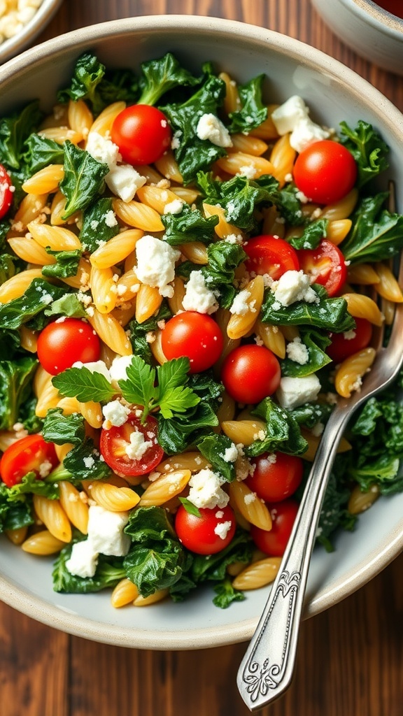 A colorful kale and orzo salad with cherry tomatoes and feta cheese in a bowl, garnished with parsley on a rustic table.
